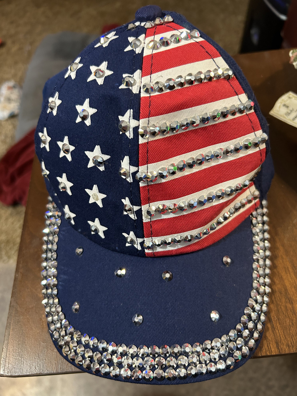 American Flag Design Navy Blue Cotton Baseball Cap with Rhinestone Embellishment